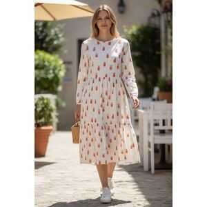Sevit Li Cottagecore Strawberry Print Midi Dress US M/L Size 40 White Cotton